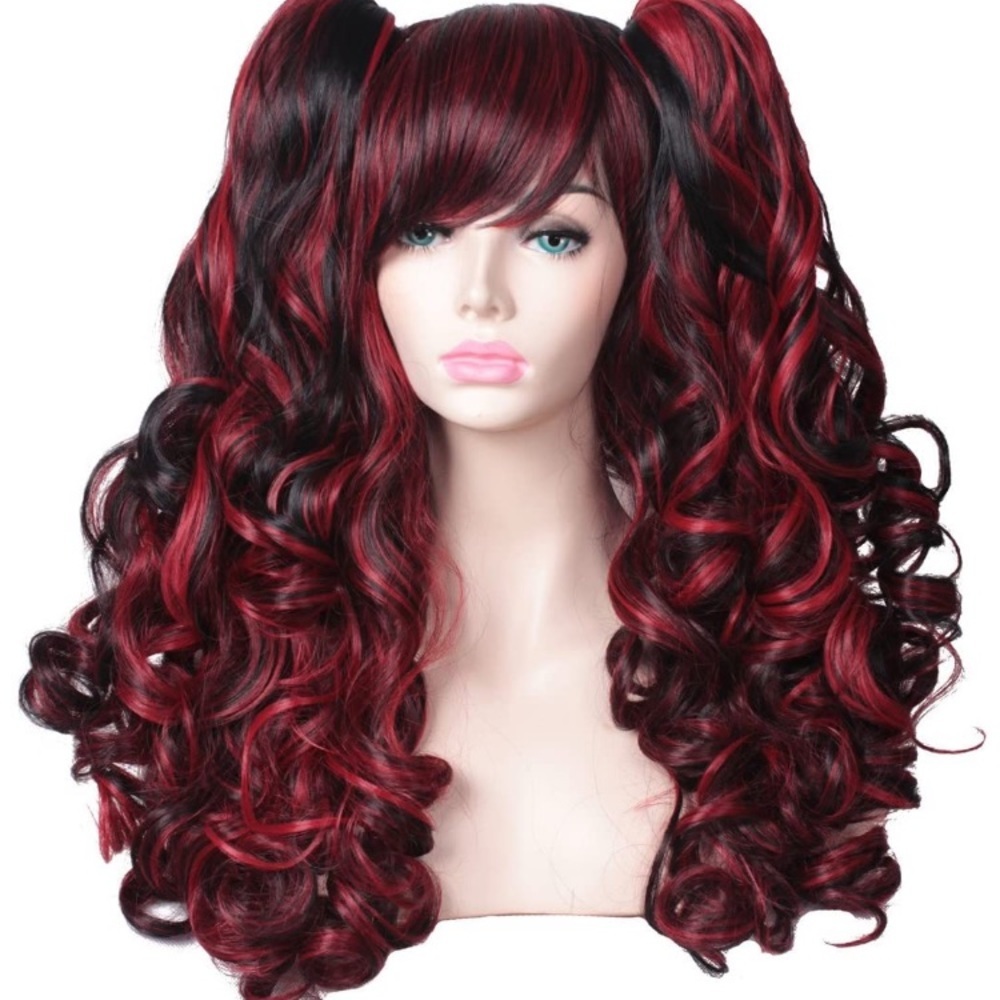 2 Ponytails Long Curly Wig Black/Red